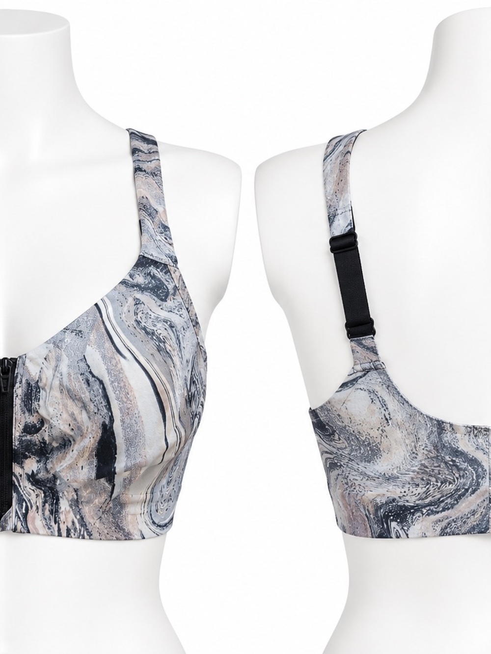 Victoria's Secret Marble-Print Zip-Front Sports Bra in Gray and Beige